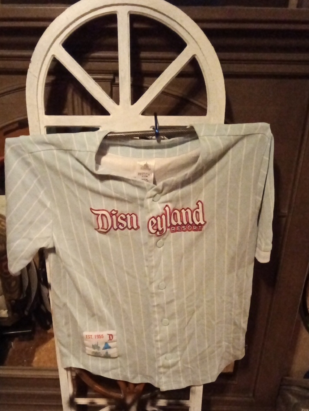 Disney Light Blue Pinstriped Button-Front Shirt with Red Logo